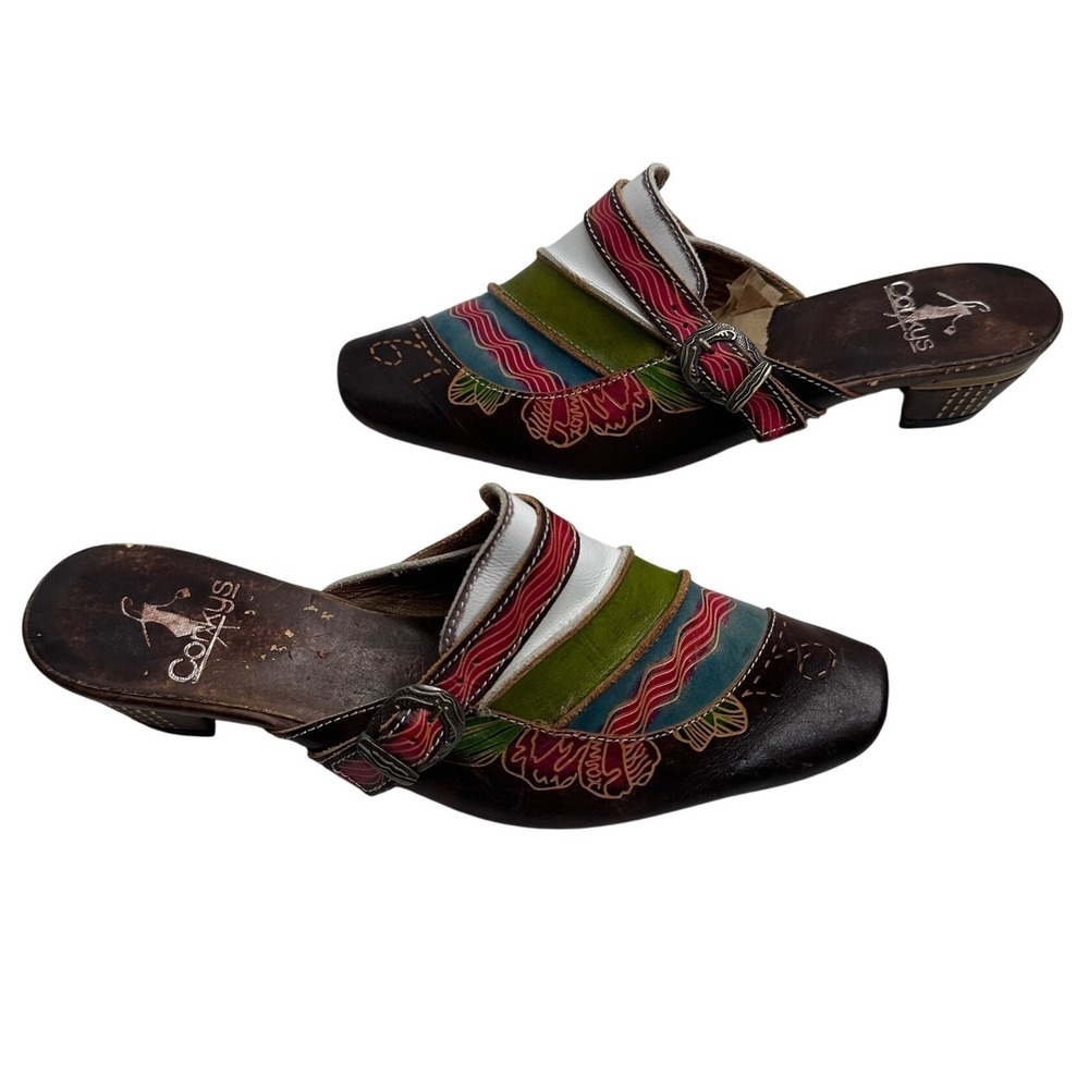 Corkys Fiora Leather Patchwork Floral Mules Clogs Brown‎ Multi Size 8 boho retro
